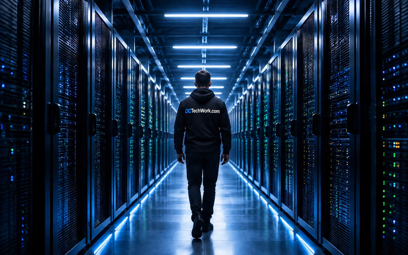 DCTechWork technician walking a data center cold aisle between lit server racks