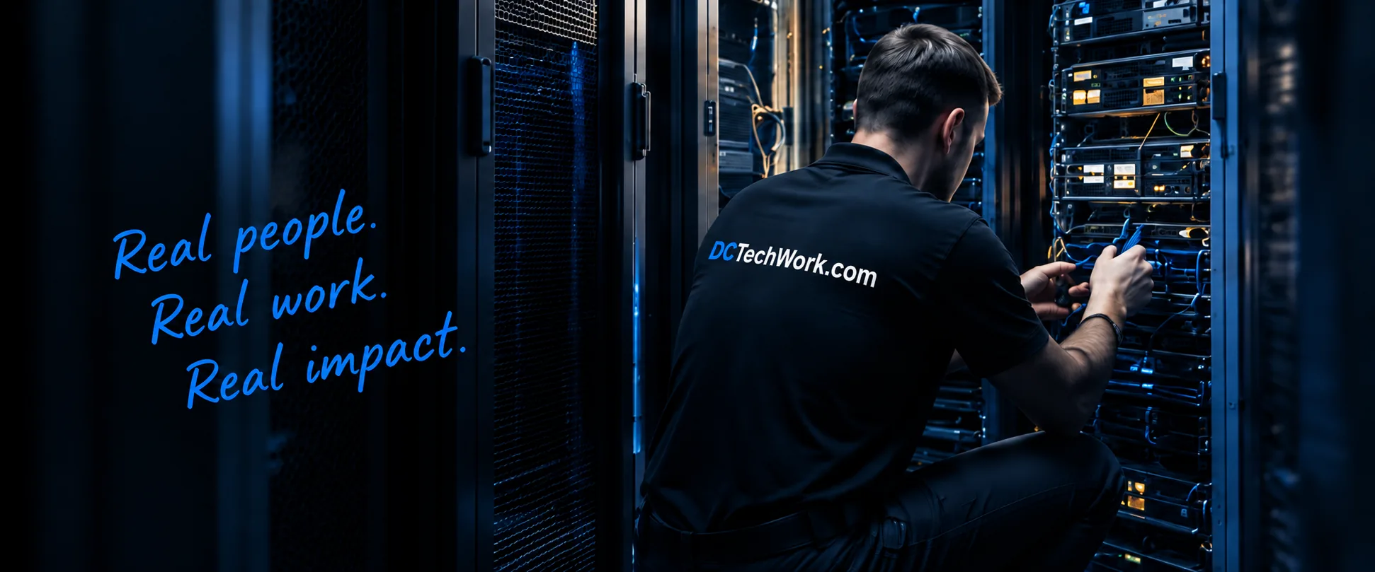 DCTechWork technician working inside a server rack: real people, real work, real impact
