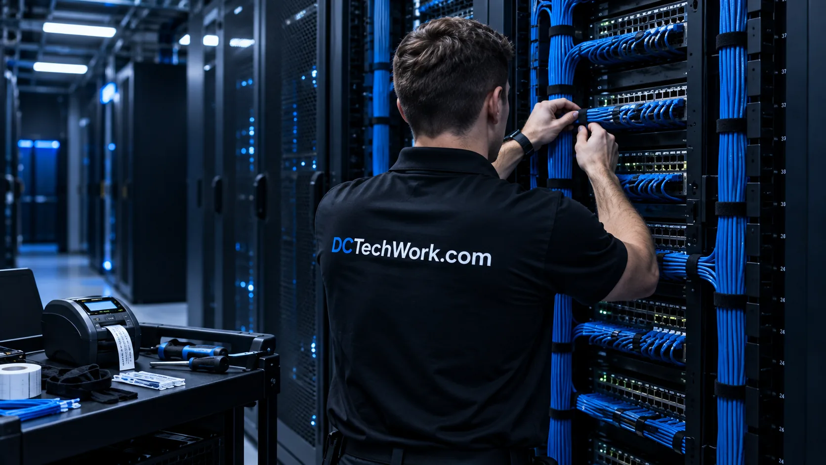 Technician organizing blue network cables in vertical rack cable managers.