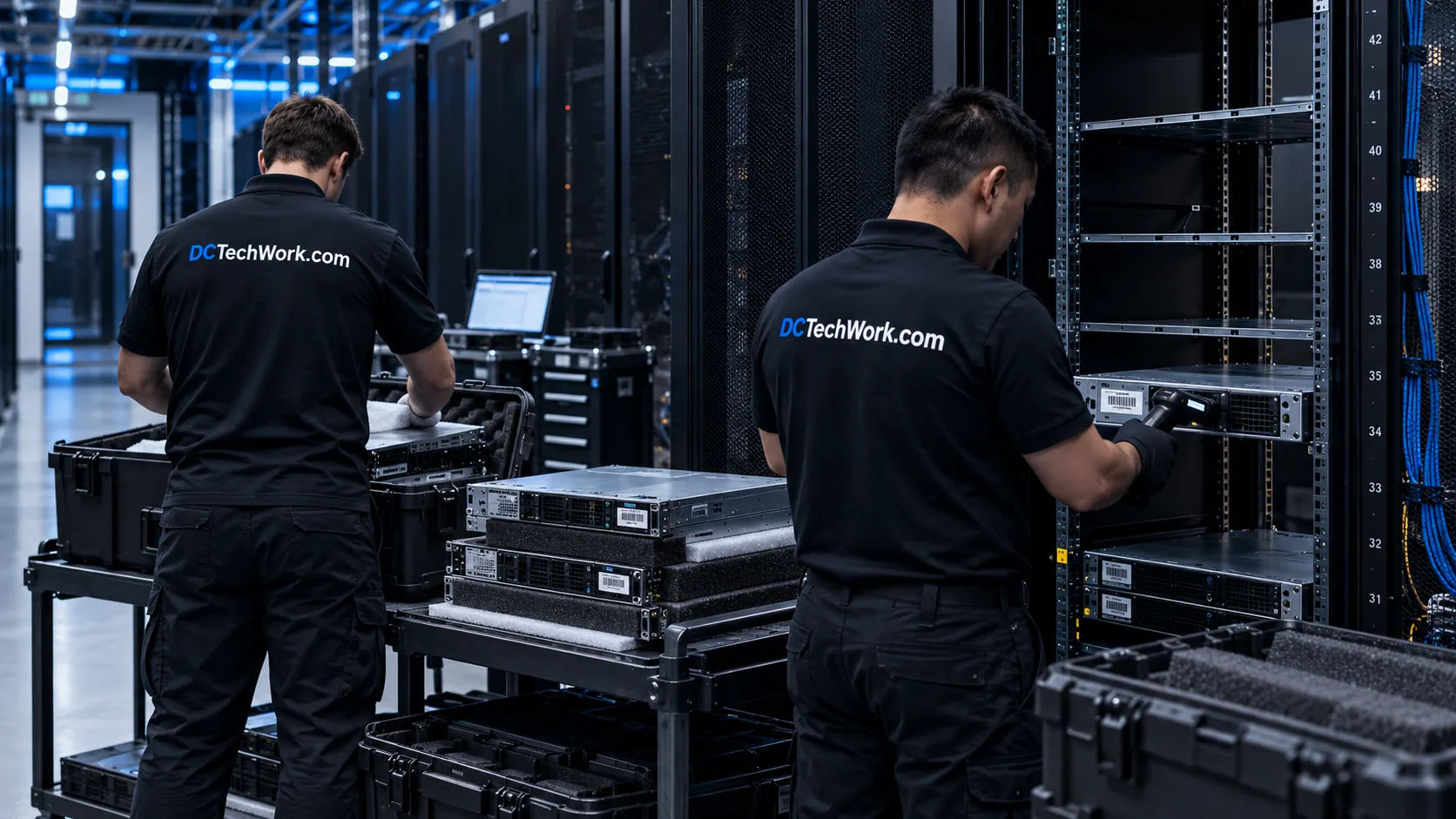 Technicians recording assets and packing removed equipment beside a partially emptied rack.