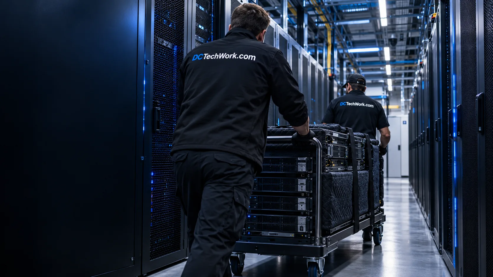 Technicians moving secured rackmount equipment on a trolley through a data center.