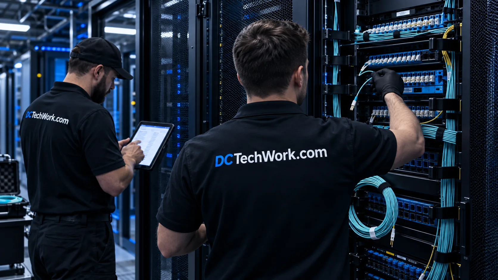 Technicians checking a port list while removing an obsolete fiber connection.