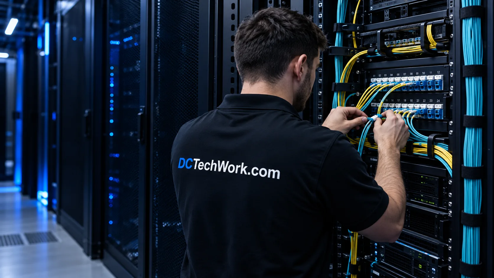 Technician connecting fiber patch cords in a data center patch panel.