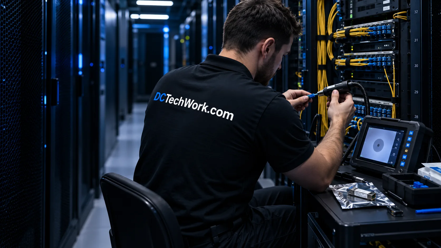 Technician inspecting a fiber connector with a digital inspection probe.
