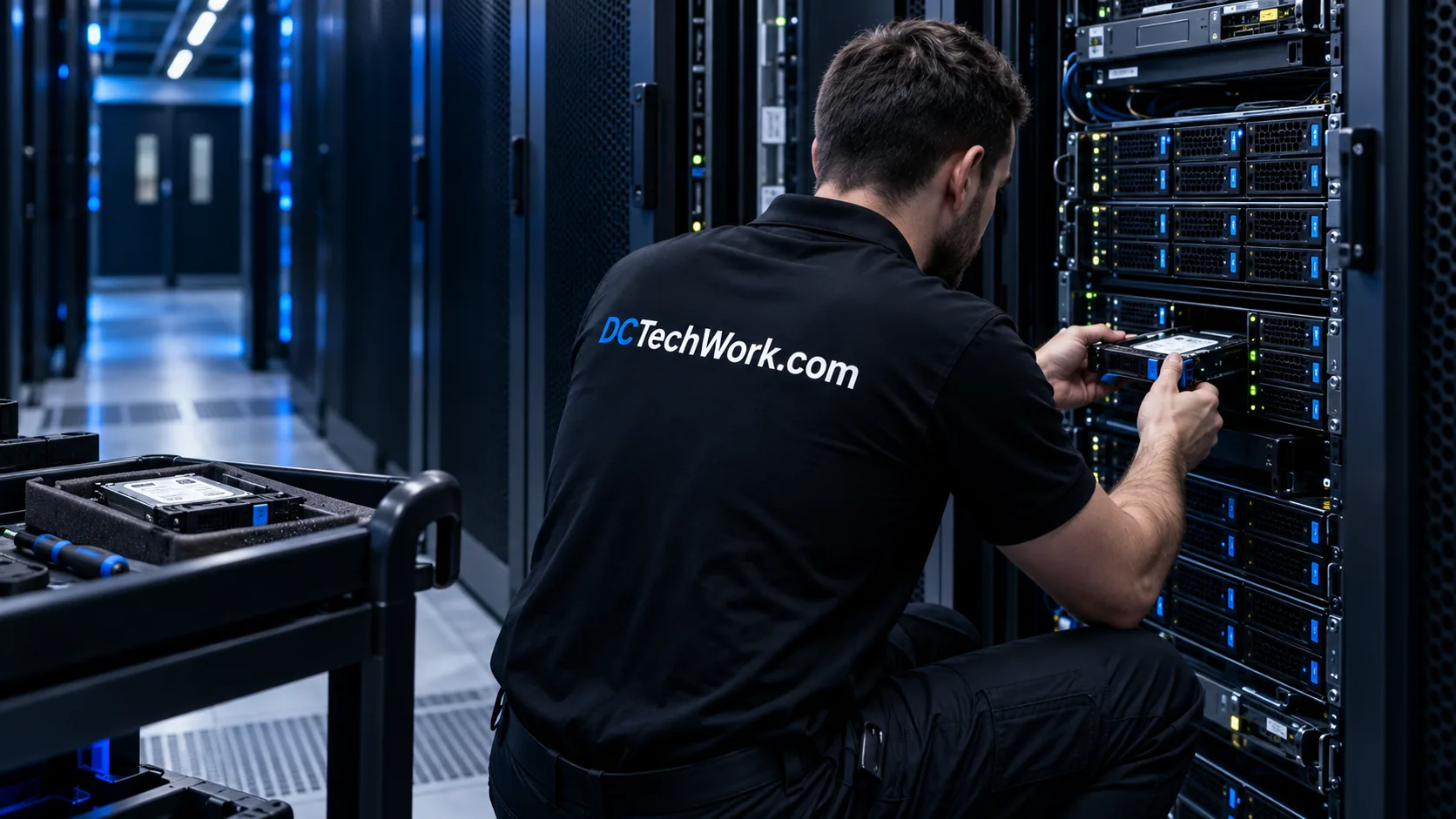 Technician replacing a hot-swap drive in a server rack.