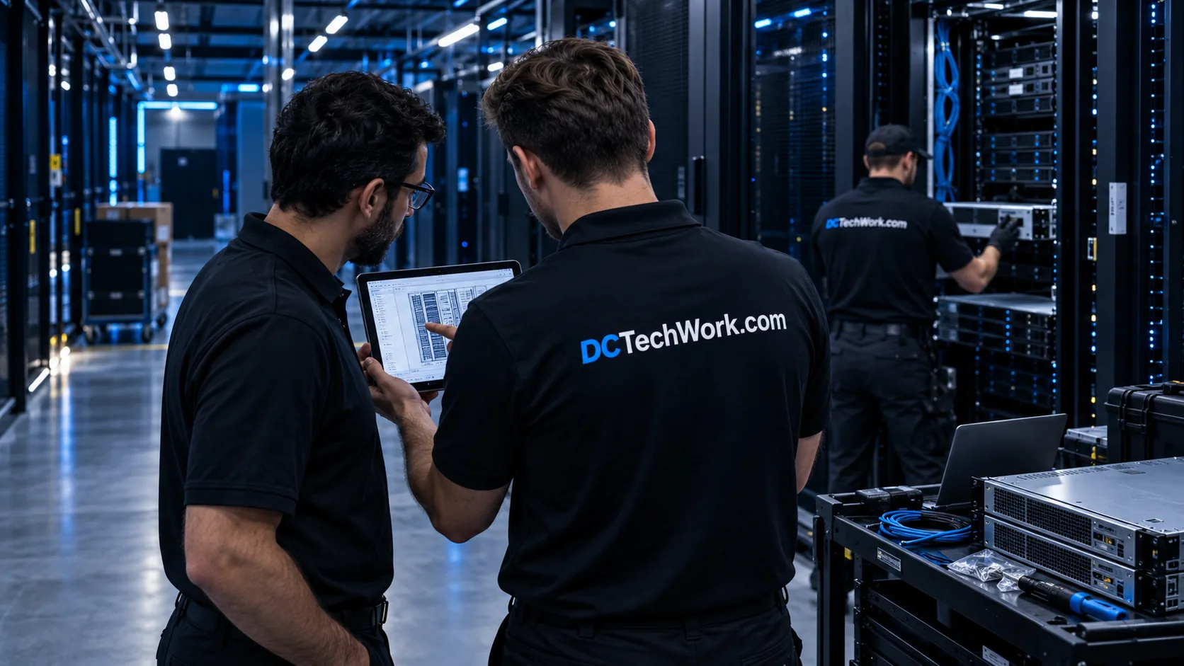 Technical team reviewing a rack plan during a data center equipment deployment.