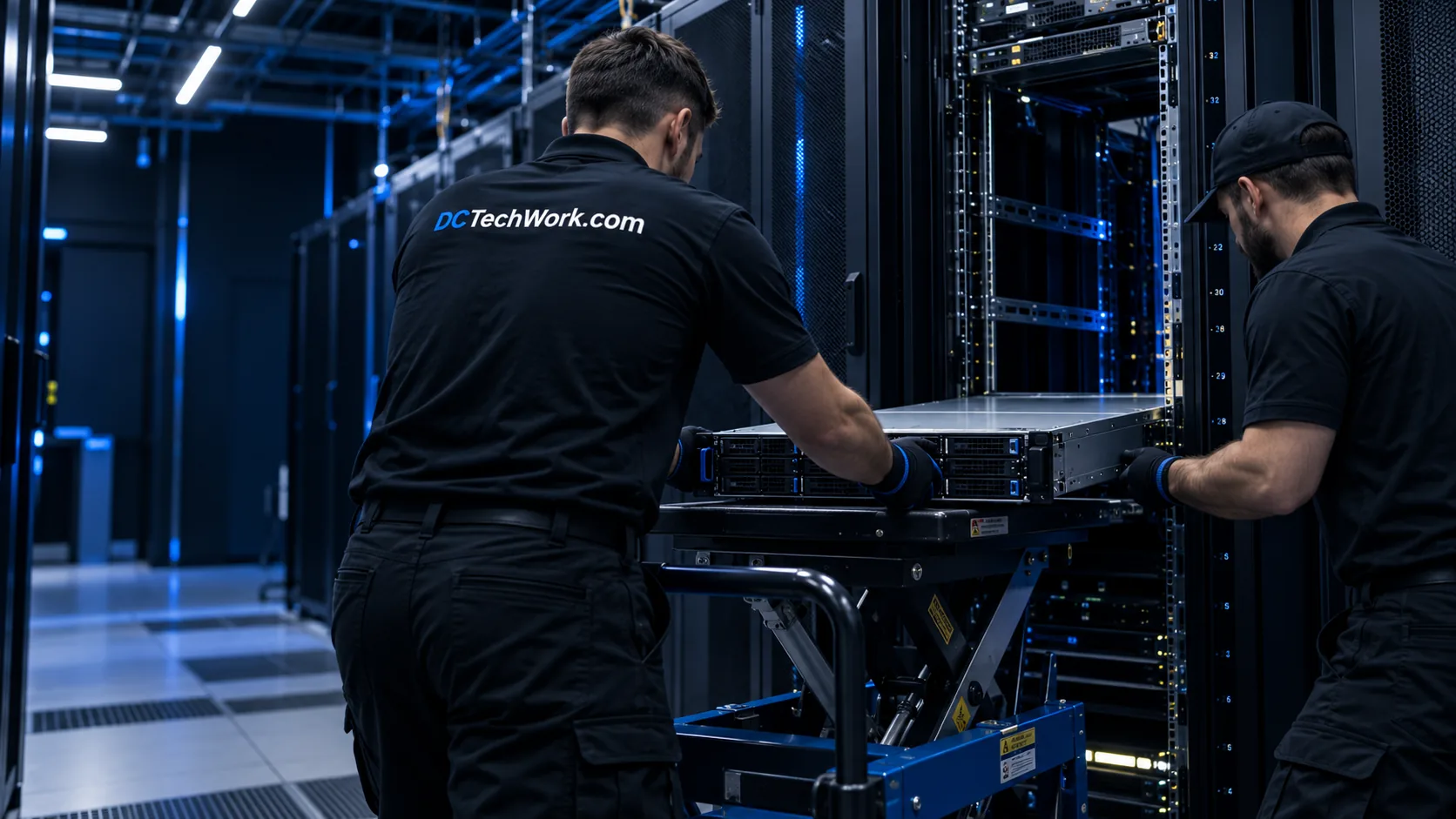 Technicians installing a rackmount server using a server lift.