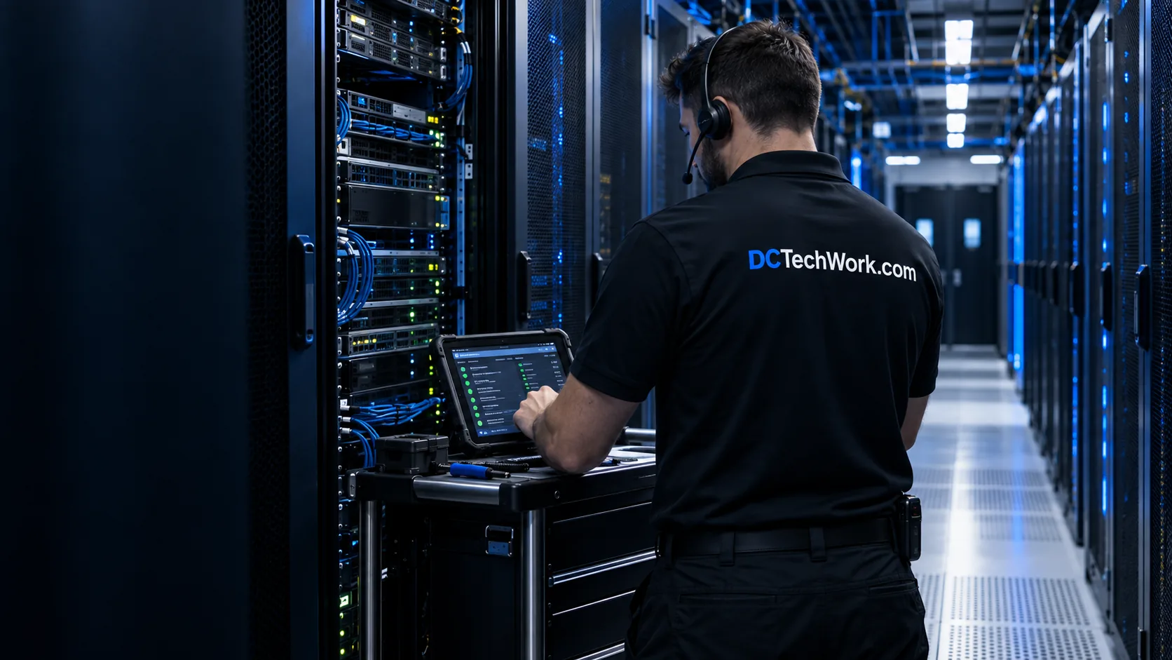 Technician coordinating remote support with a headset and tablet beside a server rack.